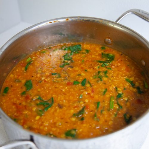 Pot filled with vegan dhal recipe