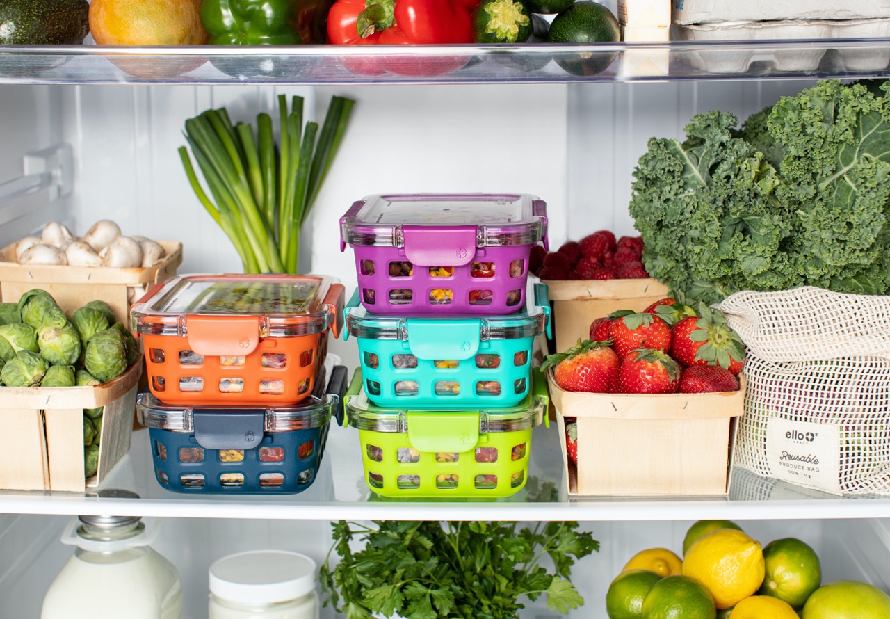 Food items lined up in the fridge